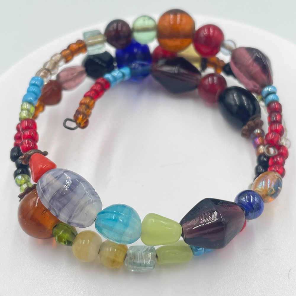 Vintage Boho MultiColor Glass Bead Multi Layer Memory Wire Wrap Bracelet Classic